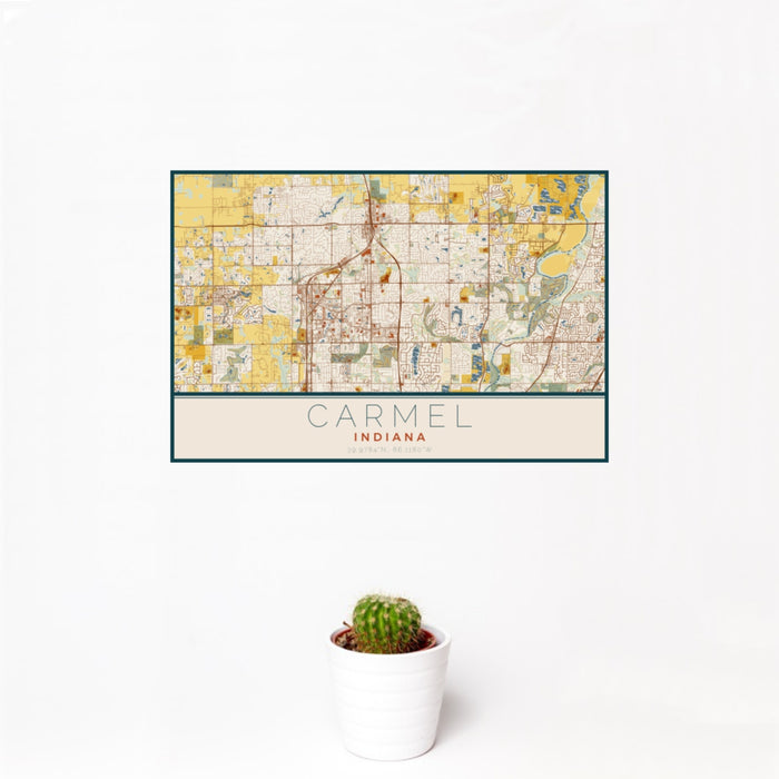 12x18 Carmel Indiana Map Print Landscape Orientation in Woodblock Style With Small Cactus Plant in White Planter