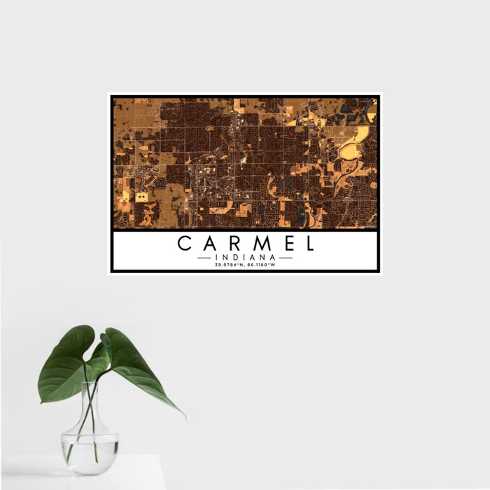 16x24 Carmel Indiana Map Print Landscape Orientation in Ember Style With Tropical Plant Leaves in Water