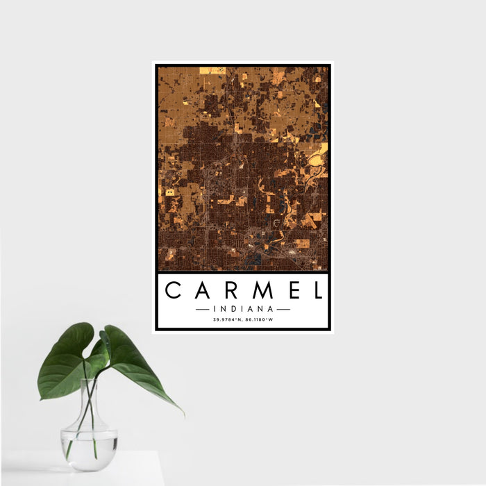 16x24 Carmel Indiana Map Print Portrait Orientation in Ember Style With Tropical Plant Leaves in Water