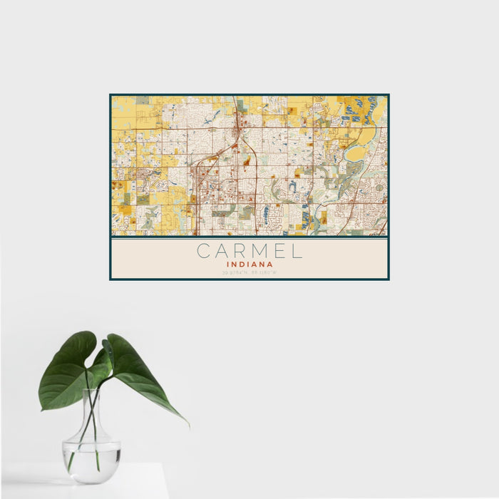 16x24 Carmel Indiana Map Print Landscape Orientation in Woodblock Style With Tropical Plant Leaves in Water