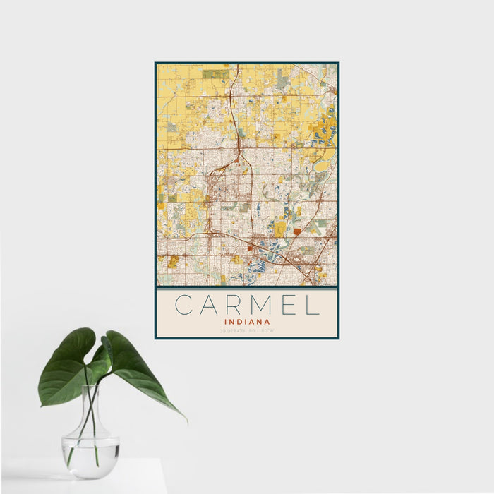 16x24 Carmel Indiana Map Print Portrait Orientation in Woodblock Style With Tropical Plant Leaves in Water