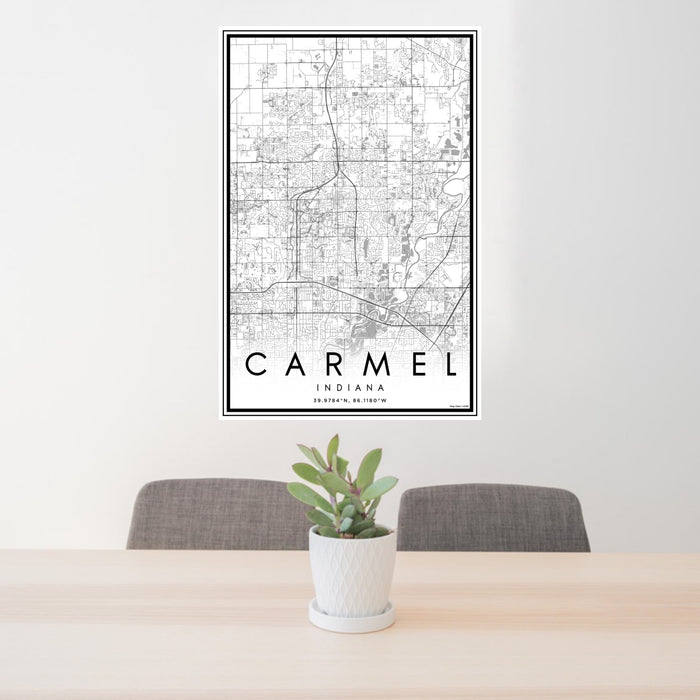 24x36 Carmel Indiana Map Print Portrait Orientation in Classic Style Behind 2 Chairs Table and Potted Plant