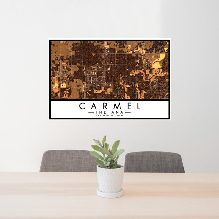 24x36 Carmel Indiana Map Print Lanscape Orientation in Ember Style Behind 2 Chairs Table and Potted Plant