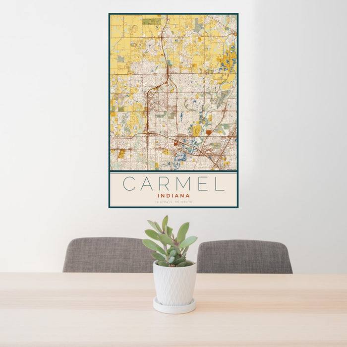 24x36 Carmel Indiana Map Print Portrait Orientation in Woodblock Style Behind 2 Chairs Table and Potted Plant