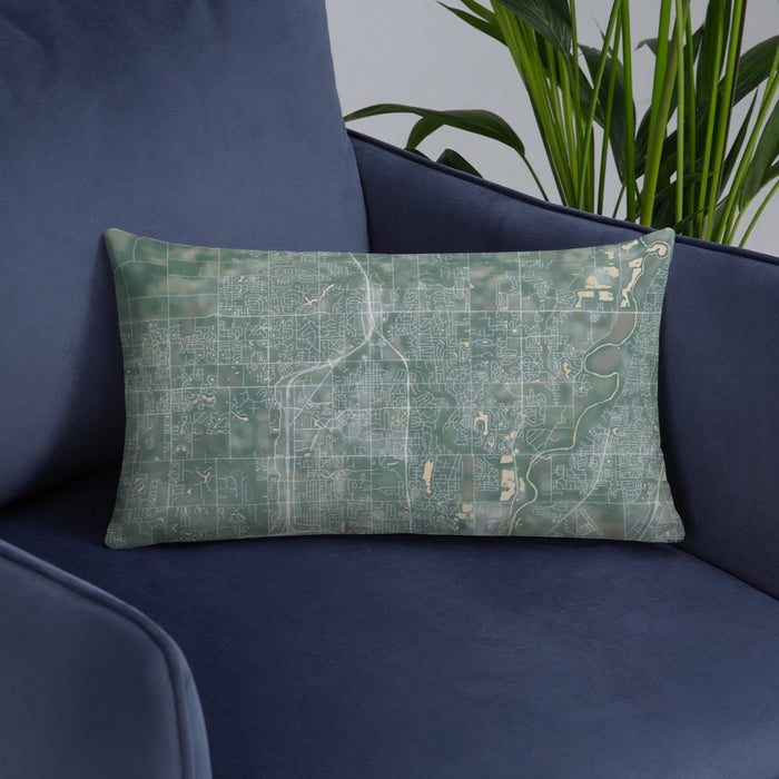 Custom Carmel Indiana Map Throw Pillow in Afternoon on Blue Colored Chair
