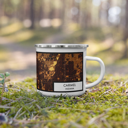 Right View Custom Carmel Indiana Map Enamel Mug in Ember on Grass With Trees in Background