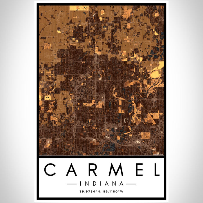 Carmel Indiana Map Print Portrait Orientation in Ember Style With Shaded Background