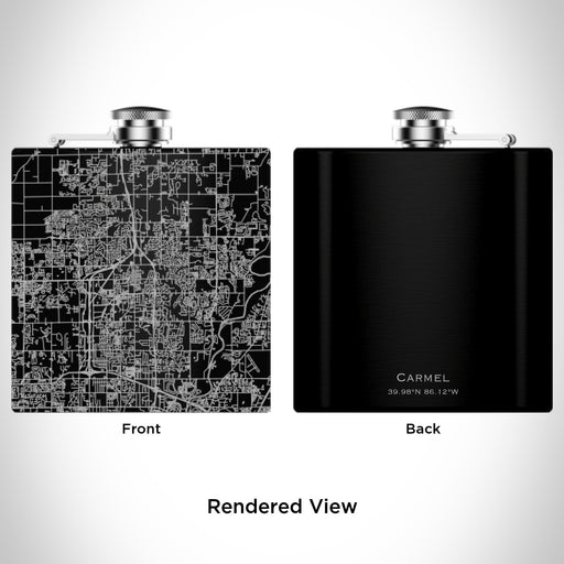 Rendered View of Carmel Indiana Map Engraving on 6oz Stainless Steel Flask in Black