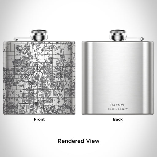 Rendered View of Carmel Indiana Map Engraving on 6oz Stainless Steel Flask