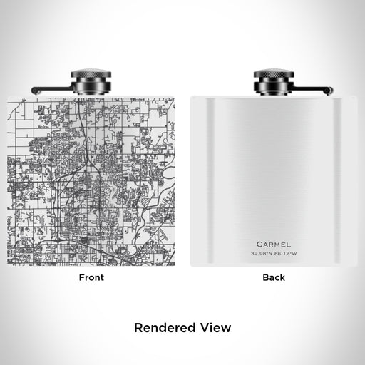 Rendered View of Carmel Indiana Map Engraving on 6oz Stainless Steel Flask in White