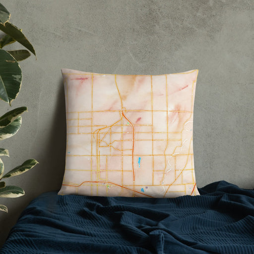 Custom Carmel Indiana Map Throw Pillow in Watercolor on Bedding Against Wall