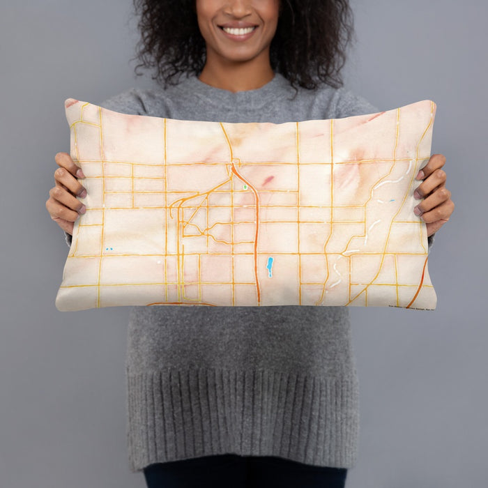 Person holding 20x12 Custom Carmel Indiana Map Throw Pillow in Watercolor