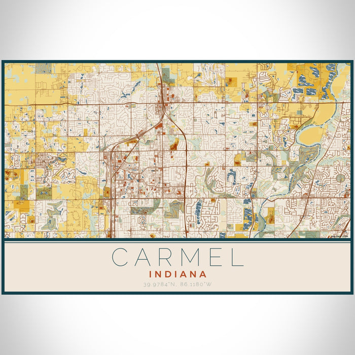 Carmel Indiana Map Print Landscape Orientation in Woodblock Style With Shaded Background