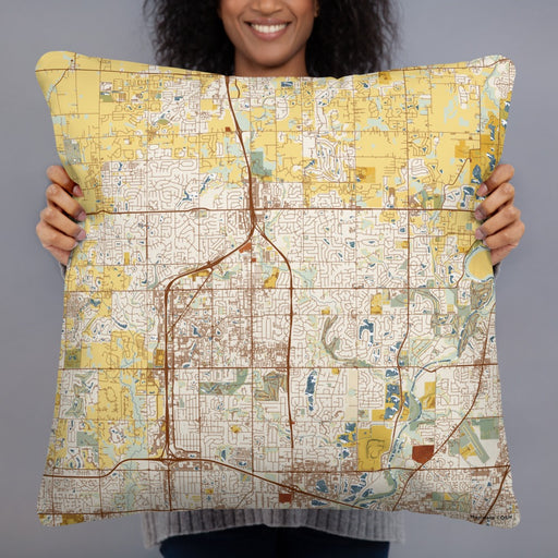 Person holding 22x22 Custom Carmel Indiana Map Throw Pillow in Woodblock