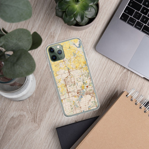 Custom Carmel Indiana Map Phone Case in Woodblock on Table with Laptop and Plant
