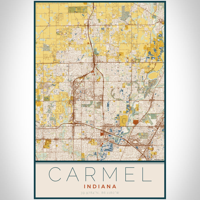 Carmel Indiana Map Print Portrait Orientation in Woodblock Style With Shaded Background