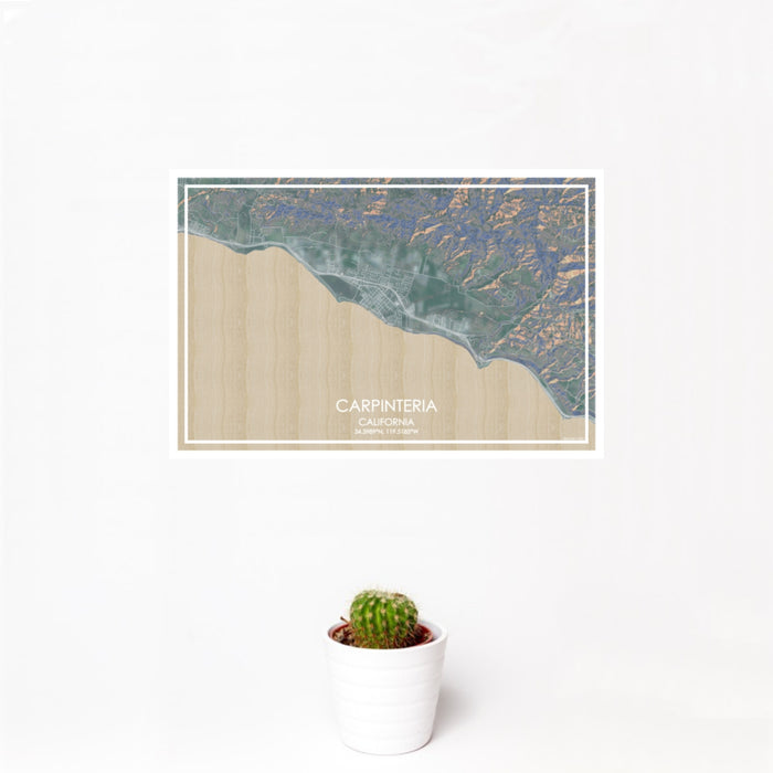 12x18 Carpinteria California Map Print Landscape Orientation in Afternoon Style With Small Cactus Plant in White Planter