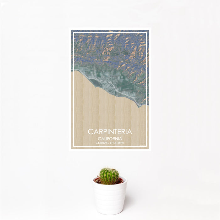 12x18 Carpinteria California Map Print Portrait Orientation in Afternoon Style With Small Cactus Plant in White Planter
