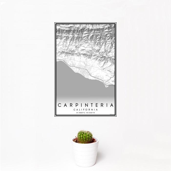 12x18 Carpinteria California Map Print Portrait Orientation in Classic Style With Small Cactus Plant in White Planter