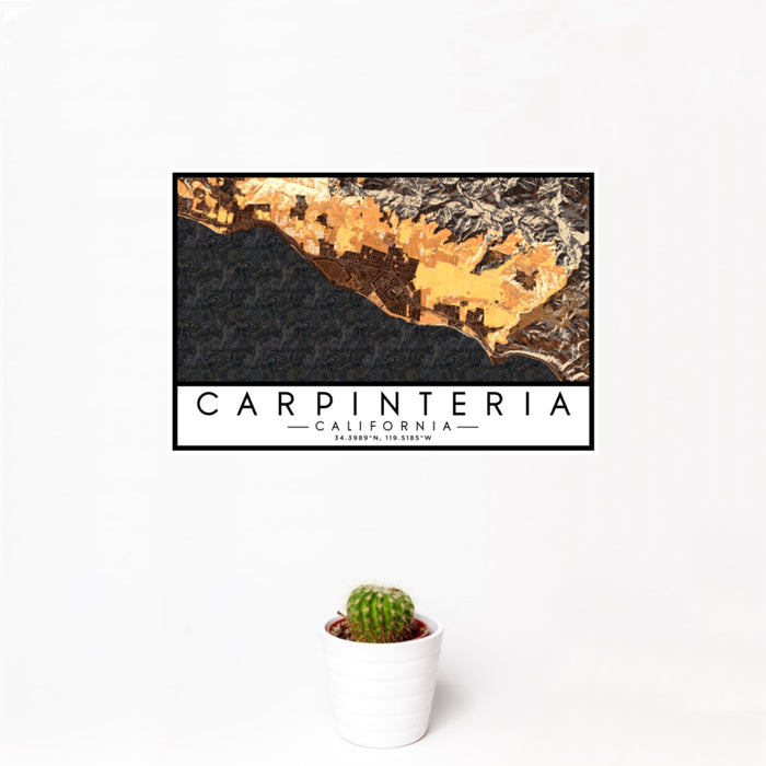 12x18 Carpinteria California Map Print Landscape Orientation in Ember Style With Small Cactus Plant in White Planter
