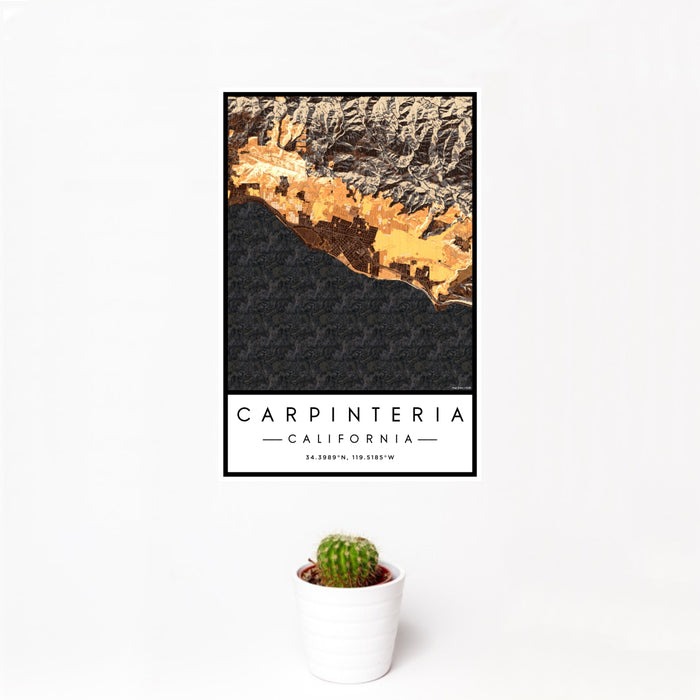 12x18 Carpinteria California Map Print Portrait Orientation in Ember Style With Small Cactus Plant in White Planter