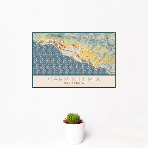 12x18 Carpinteria California Map Print Landscape Orientation in Woodblock Style With Small Cactus Plant in White Planter