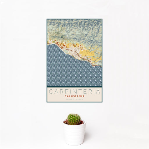 12x18 Carpinteria California Map Print Portrait Orientation in Woodblock Style With Small Cactus Plant in White Planter