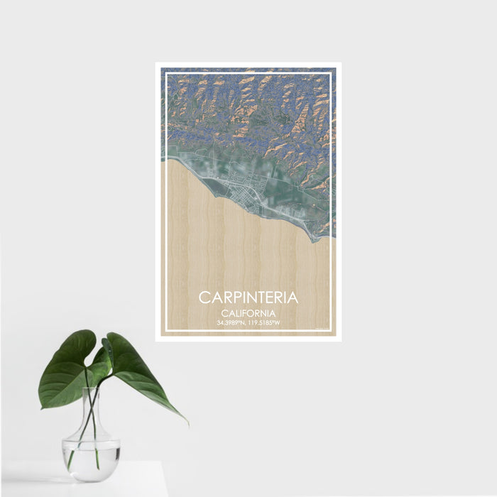 16x24 Carpinteria California Map Print Portrait Orientation in Afternoon Style With Tropical Plant Leaves in Water