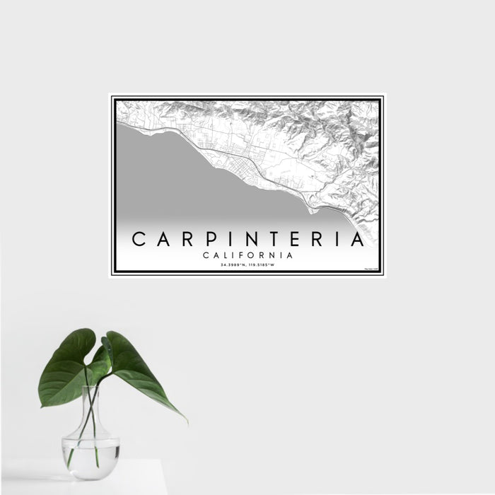16x24 Carpinteria California Map Print Landscape Orientation in Classic Style With Tropical Plant Leaves in Water