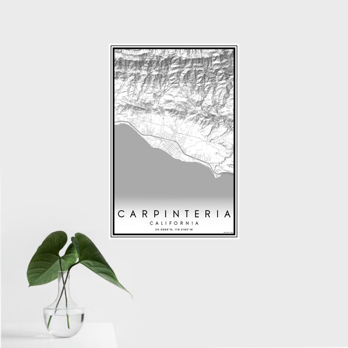 16x24 Carpinteria California Map Print Portrait Orientation in Classic Style With Tropical Plant Leaves in Water