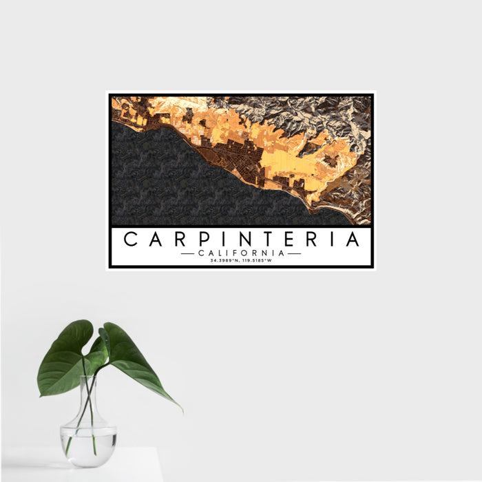 16x24 Carpinteria California Map Print Landscape Orientation in Ember Style With Tropical Plant Leaves in Water