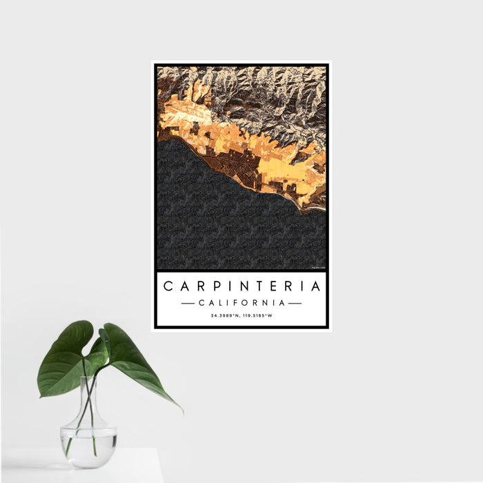 16x24 Carpinteria California Map Print Portrait Orientation in Ember Style With Tropical Plant Leaves in Water