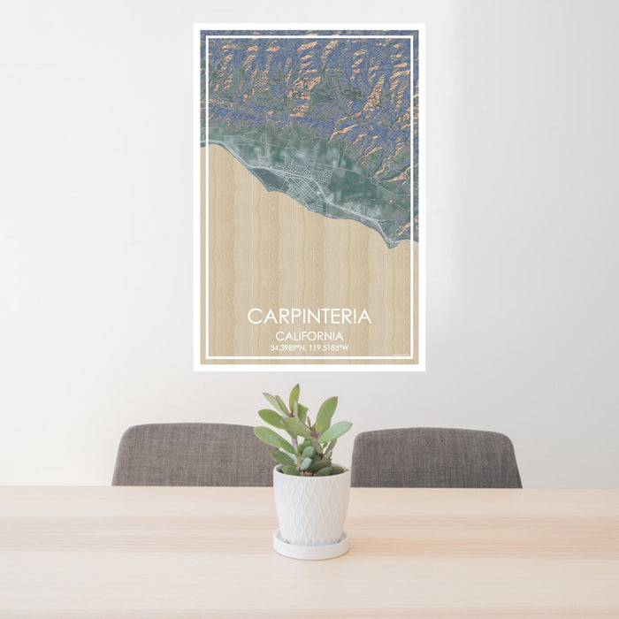 24x36 Carpinteria California Map Print Portrait Orientation in Afternoon Style Behind 2 Chairs Table and Potted Plant