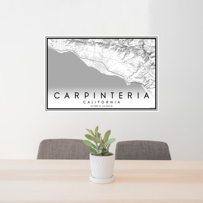 24x36 Carpinteria California Map Print Lanscape Orientation in Classic Style Behind 2 Chairs Table and Potted Plant