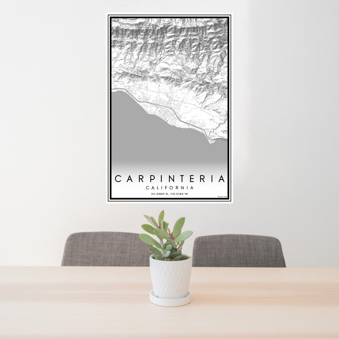 24x36 Carpinteria California Map Print Portrait Orientation in Classic Style Behind 2 Chairs Table and Potted Plant