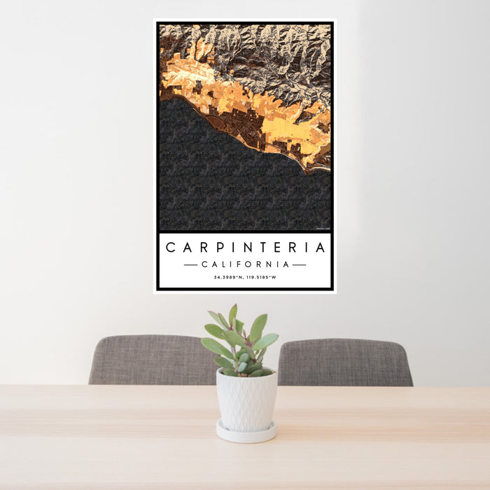 24x36 Carpinteria California Map Print Portrait Orientation in Ember Style Behind 2 Chairs Table and Potted Plant