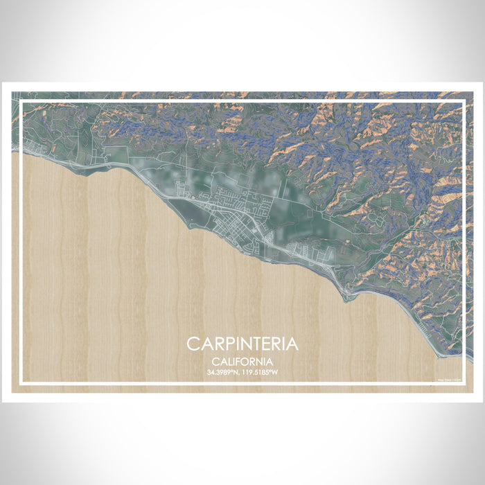 Carpinteria California Map Print Landscape Orientation in Afternoon Style With Shaded Background