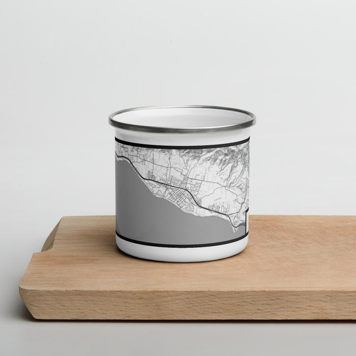 Front View Custom Carpinteria California Map Enamel Mug in Classic on Cutting Board