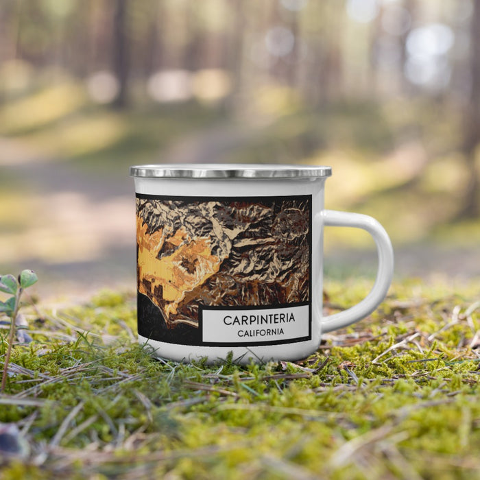 Right View Custom Carpinteria California Map Enamel Mug in Ember on Grass With Trees in Background