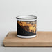 Front View Custom Carpinteria California Map Enamel Mug in Ember on Cutting Board