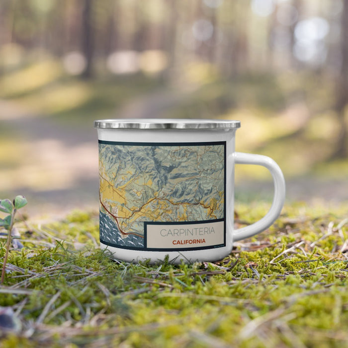 Right View Custom Carpinteria California Map Enamel Mug in Woodblock on Grass With Trees in Background
