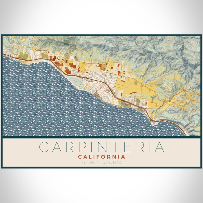 Carpinteria California Map Print Landscape Orientation in Woodblock Style With Shaded Background