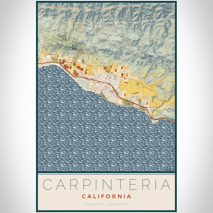 Carpinteria California Map Print Portrait Orientation in Woodblock Style With Shaded Background