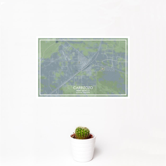 12x18 Carrizozo New Mexico Map Print Landscape Orientation in Afternoon Style With Small Cactus Plant in White Planter