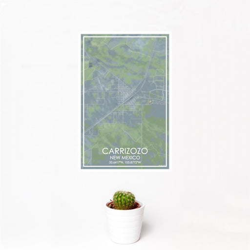 12x18 Carrizozo New Mexico Map Print Portrait Orientation in Afternoon Style With Small Cactus Plant in White Planter