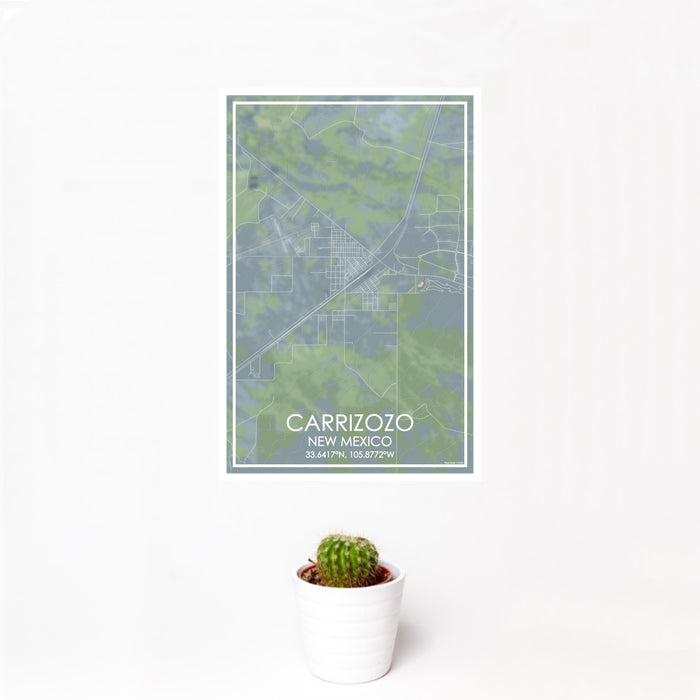 12x18 Carrizozo New Mexico Map Print Portrait Orientation in Afternoon Style With Small Cactus Plant in White Planter