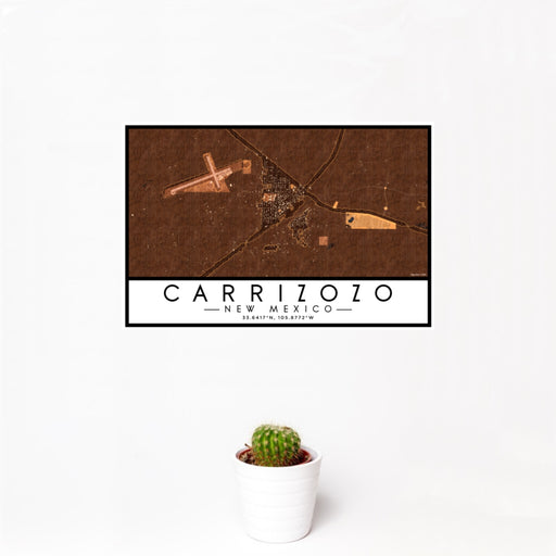 12x18 Carrizozo New Mexico Map Print Landscape Orientation in Ember Style With Small Cactus Plant in White Planter
