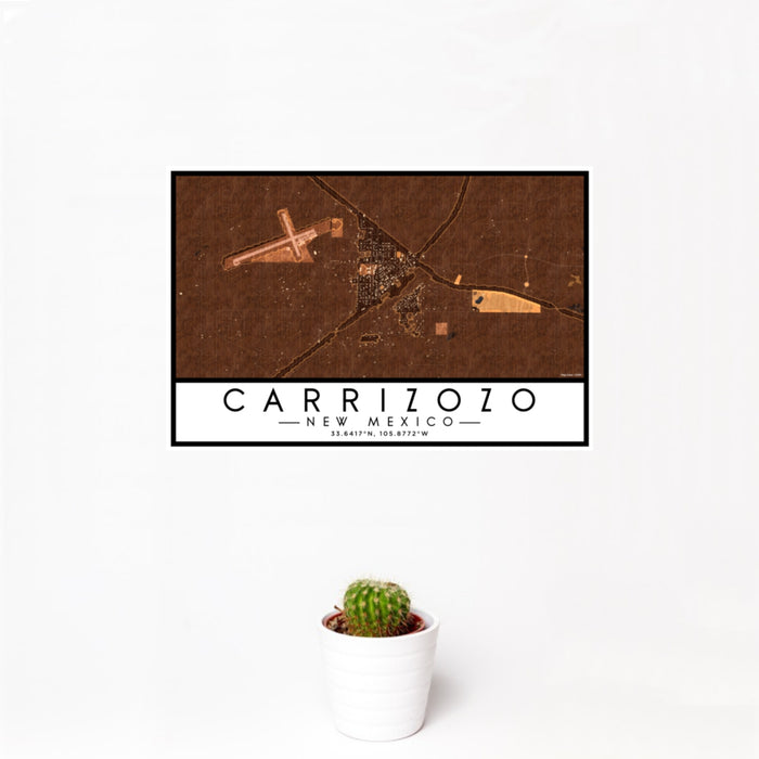 12x18 Carrizozo New Mexico Map Print Landscape Orientation in Ember Style With Small Cactus Plant in White Planter
