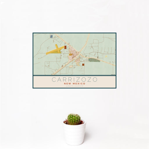 12x18 Carrizozo New Mexico Map Print Landscape Orientation in Woodblock Style With Small Cactus Plant in White Planter