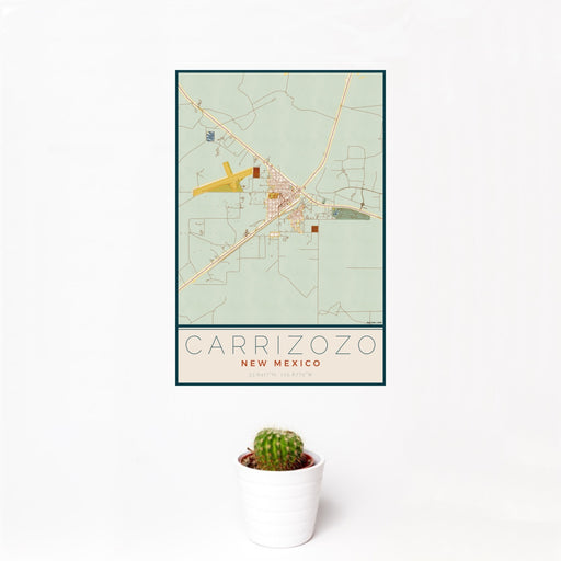 12x18 Carrizozo New Mexico Map Print Portrait Orientation in Woodblock Style With Small Cactus Plant in White Planter